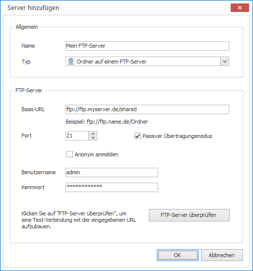 Dialog zum Hinzufügen eines FTP-Servers