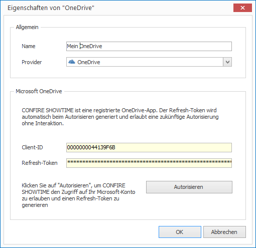 Dialog zum Hinzufügen eines OneDrive-Speichers