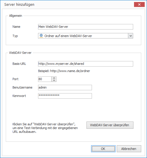 Dialog zum Hinzufügen eines WebDAV-Servers