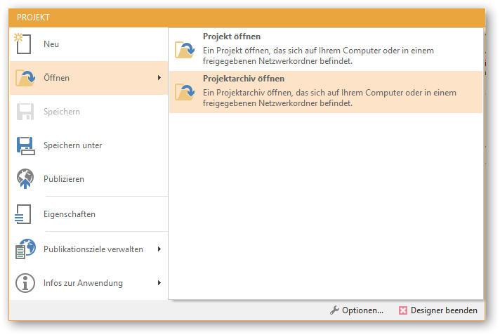 Projekt als Projektarchiv öffnen