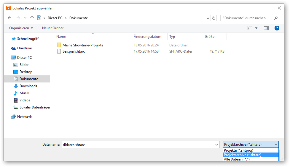 Lokales Projektarchiv auswählen